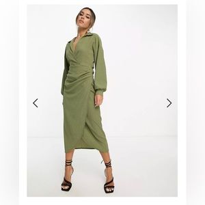 ASOS DESIGN textured collared wrap Lodi dress in dark khaki